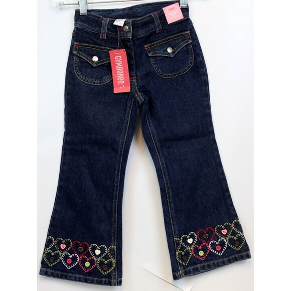 NWT 2005 Gymboree Tyrolean Lure Jeans sz 5 Heart Button Embroidered Flared Girls - Picture 1 of 4